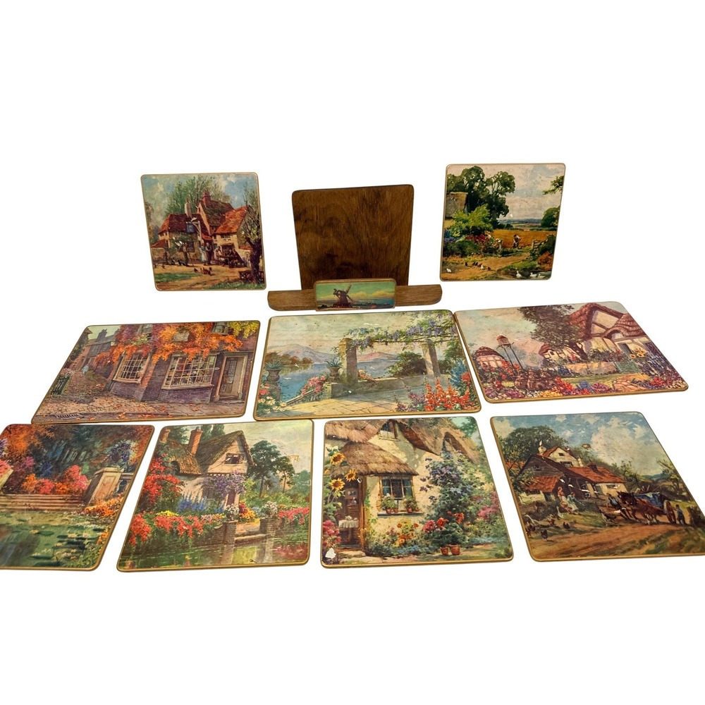 Vintage Win-El-Ware Pictorial Table Mats Set 937 Gardens Countryside With Stand